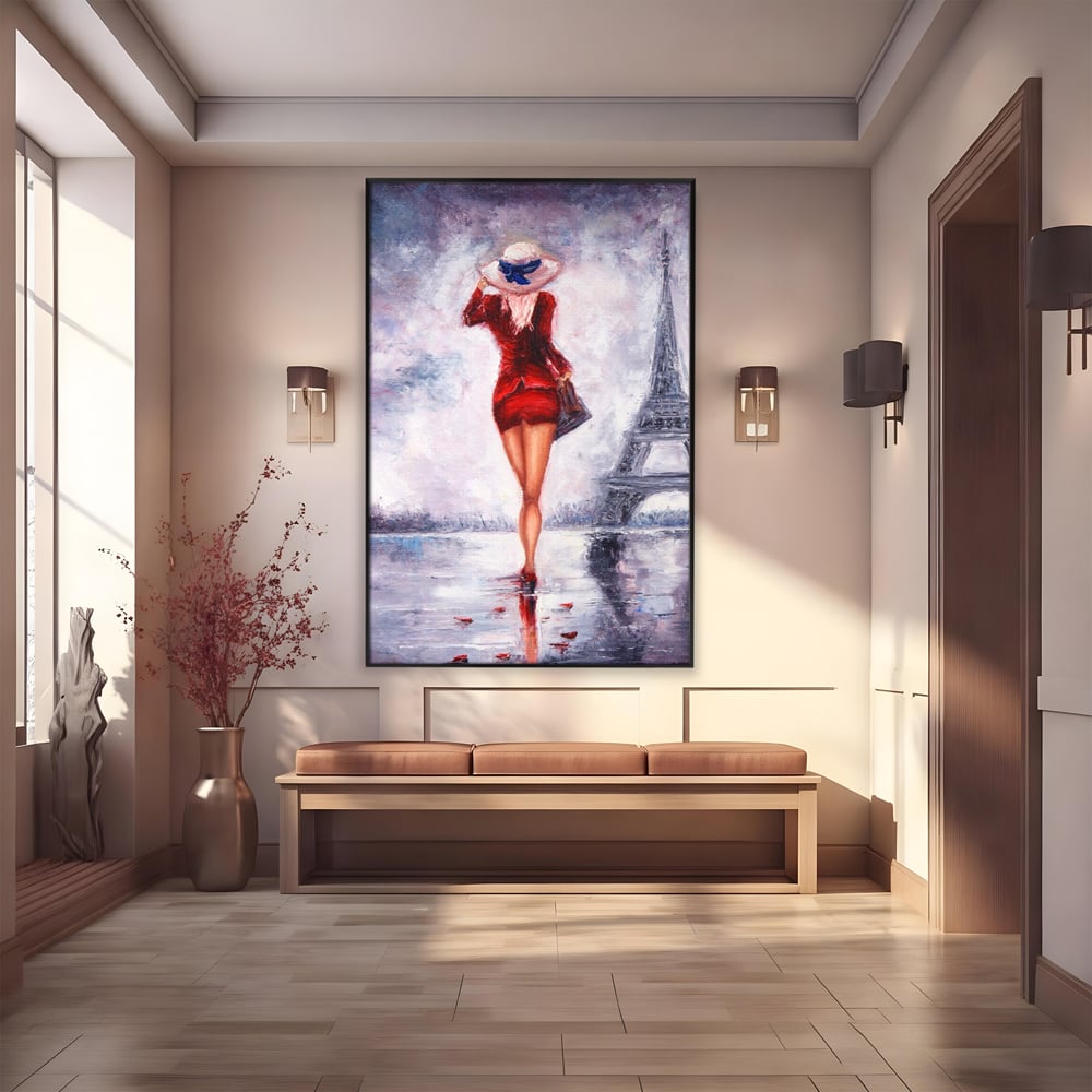 Tablou canvas cu pictura cu femeie in rochie rosie, in rama de aluminiu negru